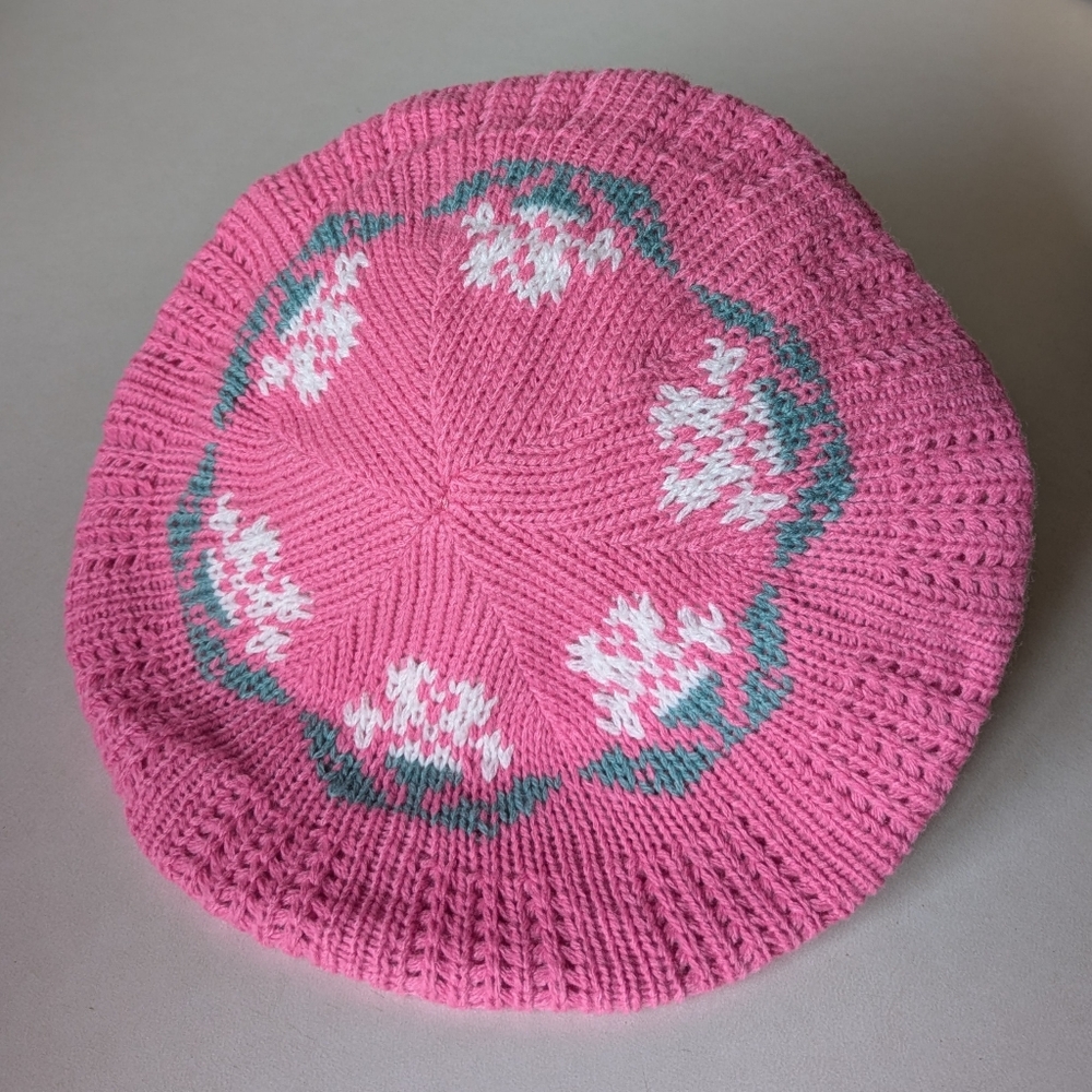 80s Vintage Knit Beret Fair Isle Winter Hat Pink White Flower Beanie Cap Tam - Picture 14 of 16